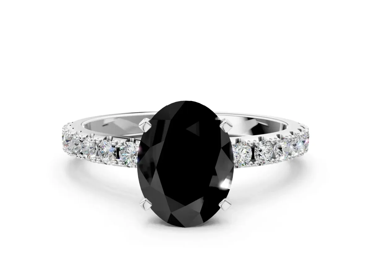 Fancy Black Oval Cut Diamond Solitaire Pavé Band with Four-Prong Setting Platinum