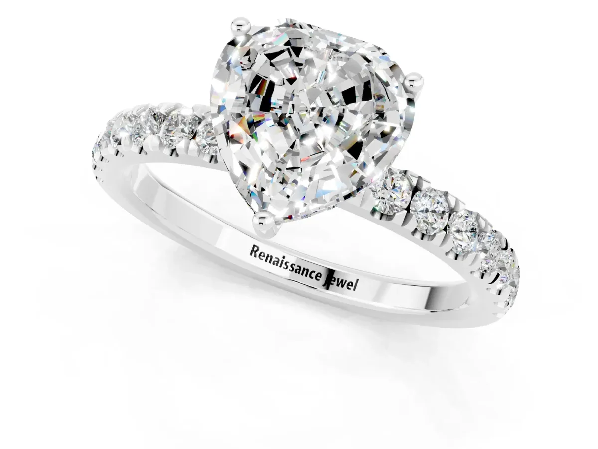 Heart Cut Moissanite Pave Band Solitaire Ring with Round and Prong Setting Silver