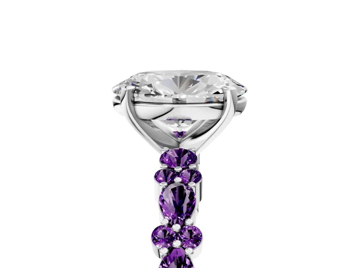Oval Cut Diamond Side Stone Solitaire Ring with Round Amethyst and Four-Prong Setting White gold