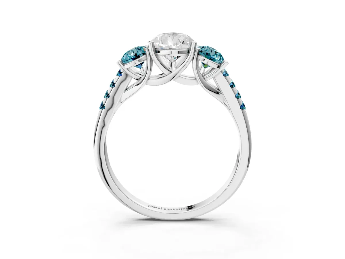 Three-Stone Pear Cut Diamond Ring with Round Blue Topaz Pavé Band and Prong Setting Silver