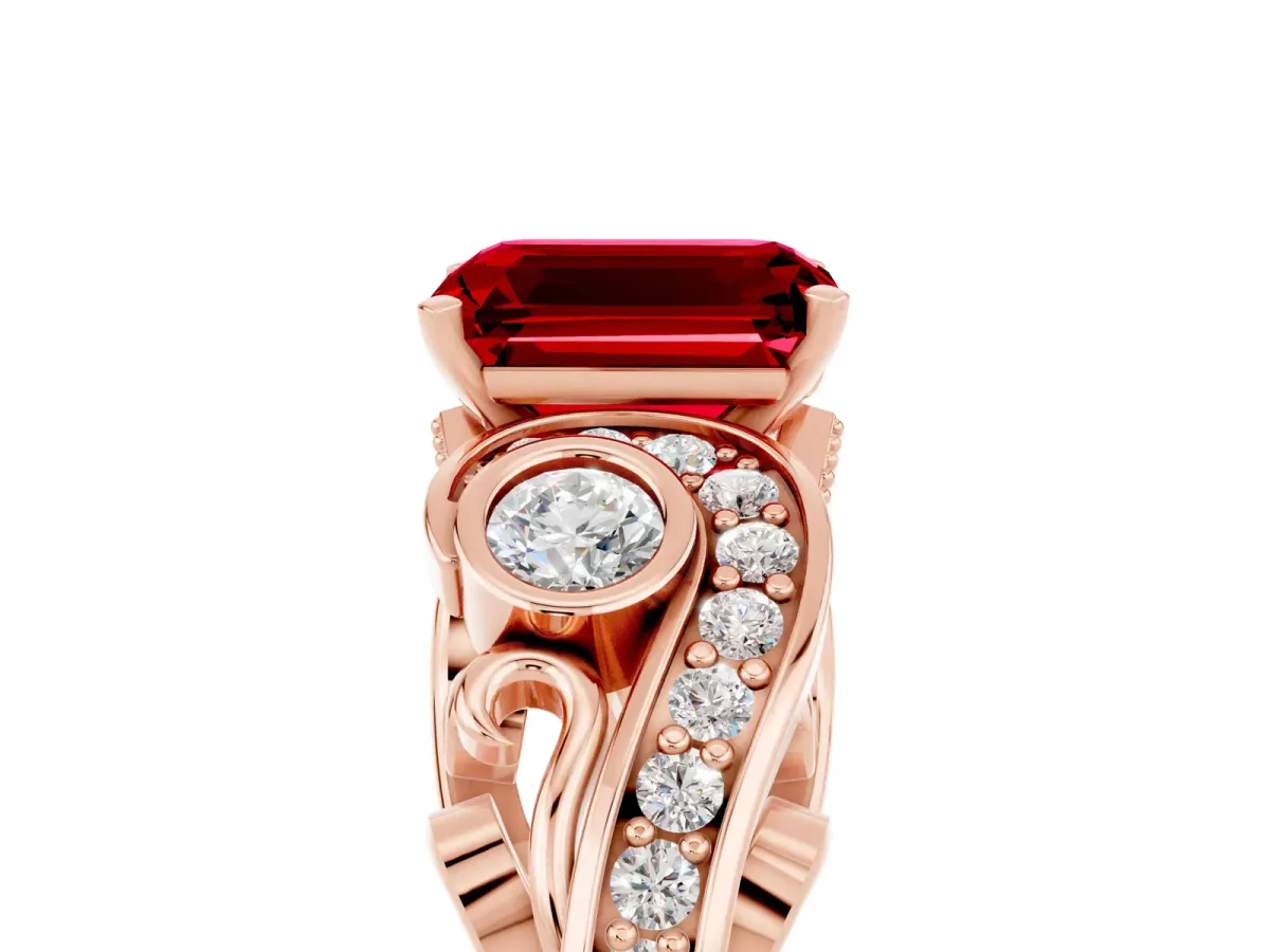 Emerald Cut Ruby Solitaire Ring with Milgrain Pavé Band and Four-Prong Setting Rose gold
