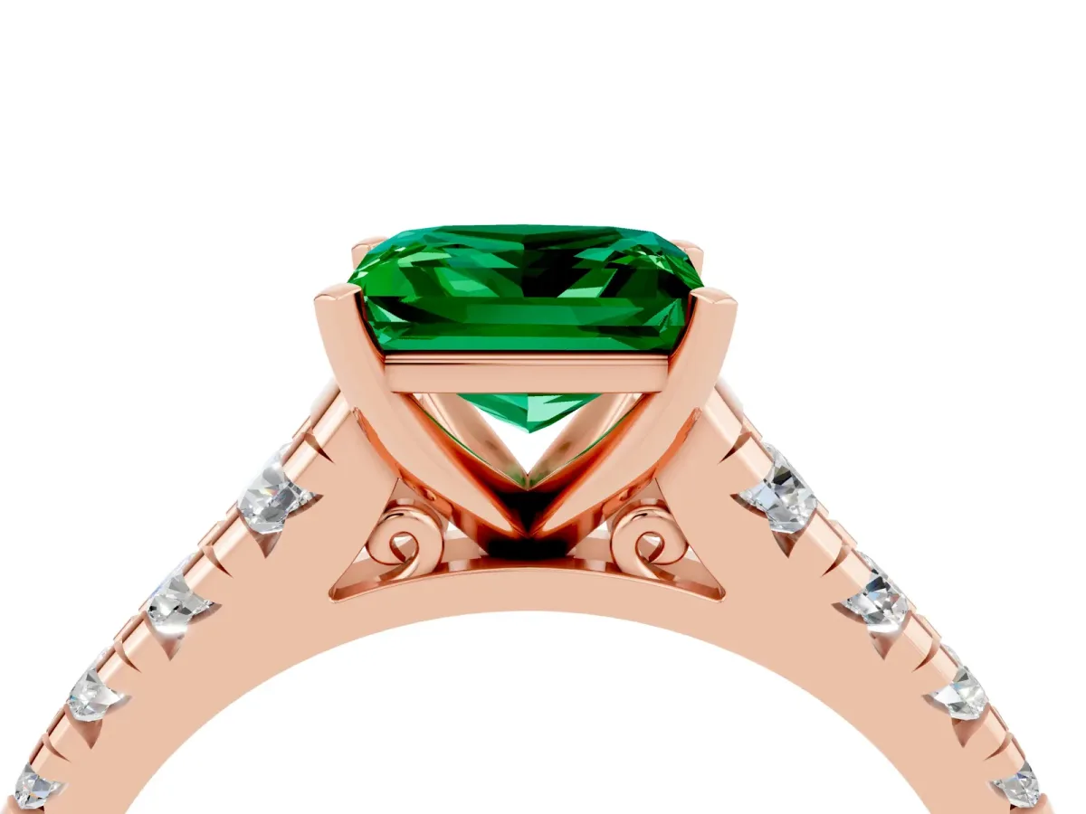 Princess Cut Emerald Cathedral Solitaire Ring with Round Pavé Band Rose gold