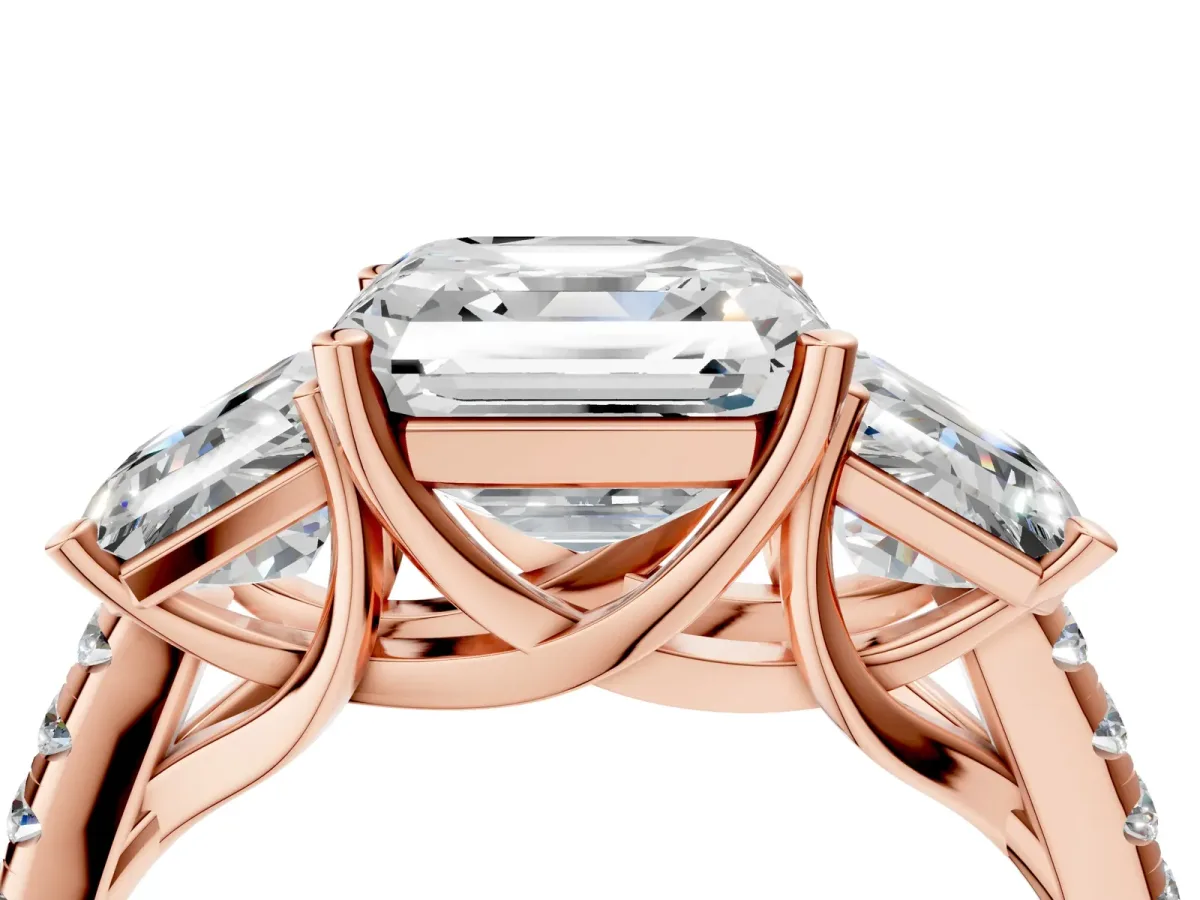 Three-Stone Asscher Cut Diamond Ring with Round Pavé Band and Prong Setting Rose gold