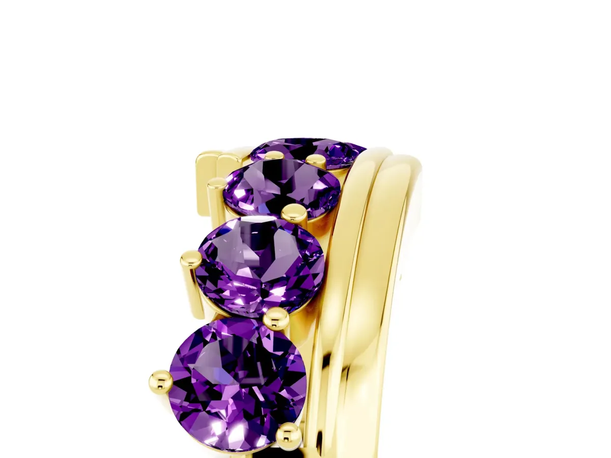Round Amethyst Wave Band with Channel and Shared Prong Setting Yellow gold