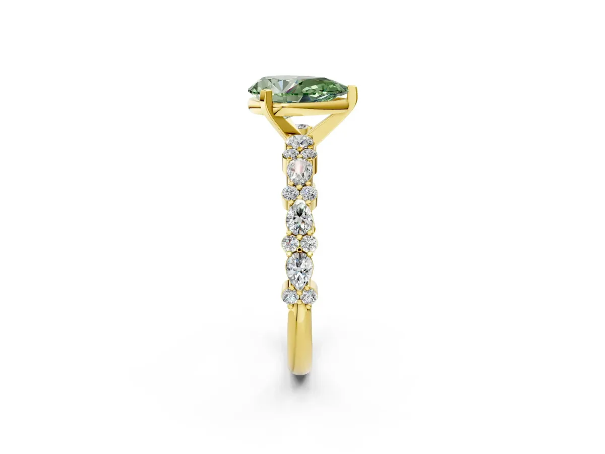 Fancy Green Pear Cut Diamond Side Stone Solitaire Ring with Round and Four-Prong Setting Yellow gold
