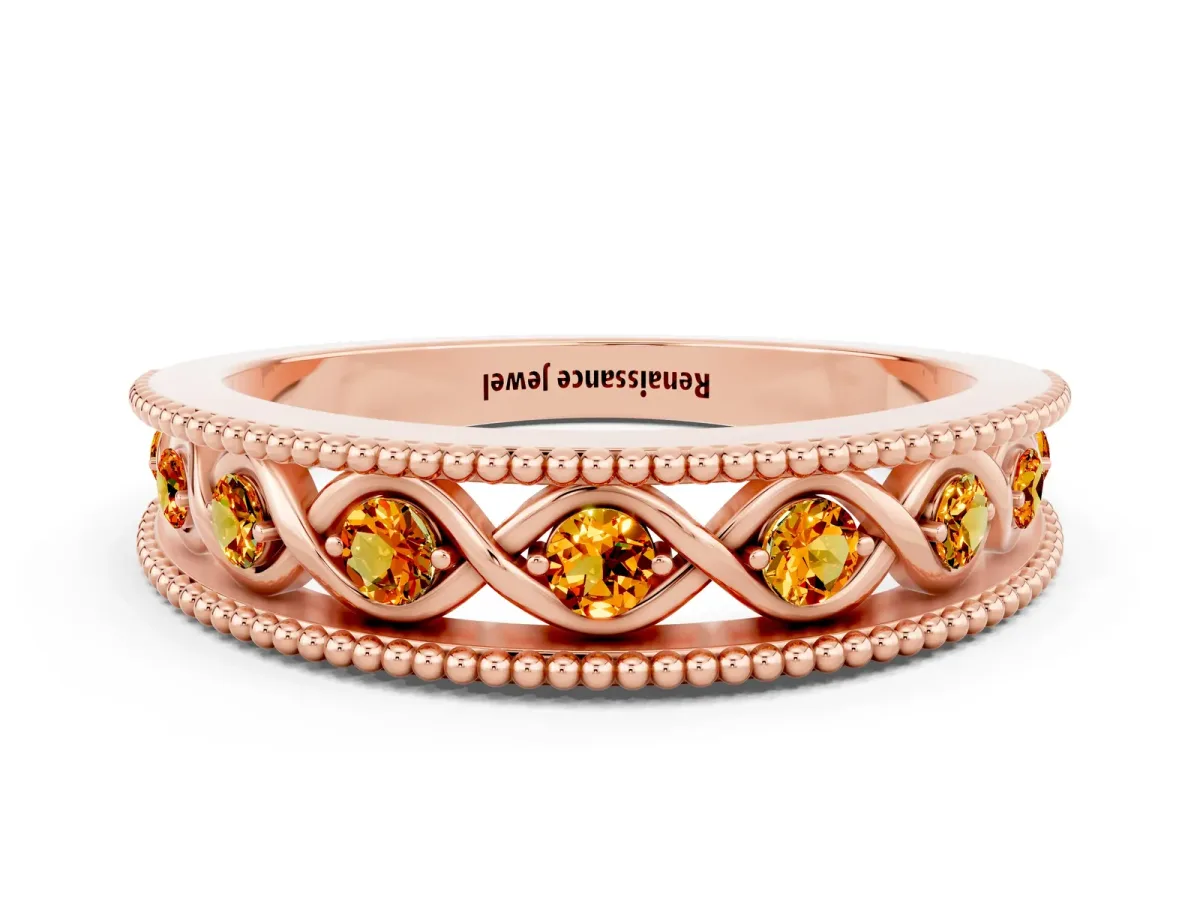 Round Citrine Twist Milgrain Band with Bezel Setting Rose gold