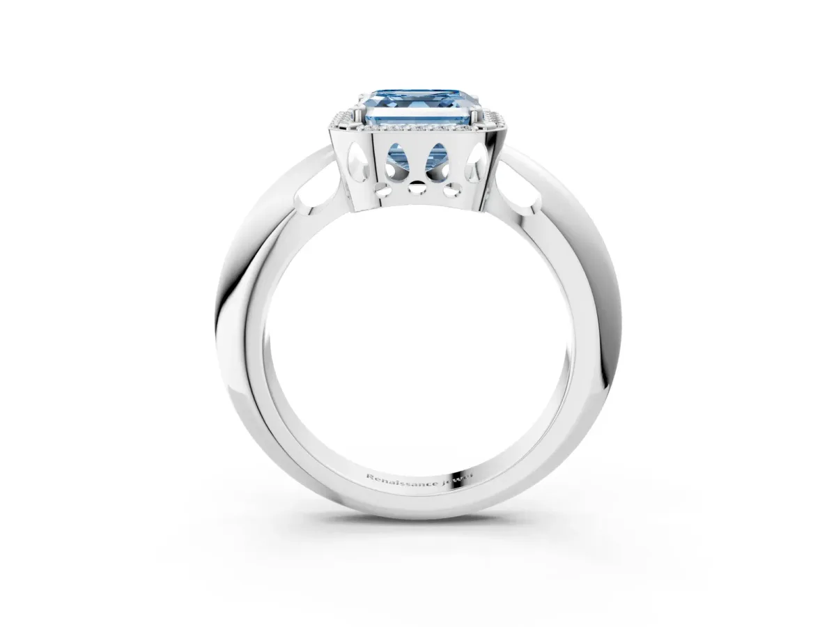 Fancy Blue Asscher Cut Cut Diamond Halo Engagement Ring with Split Shank and Four-Prong Setting Platinum