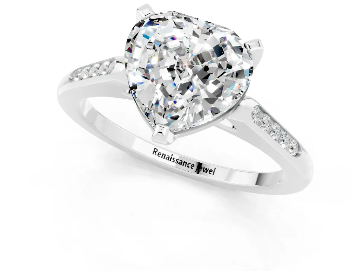 Heart Cut Moissanite Solitaire Ring with Channel Set Round Band and Prong Setting Silver