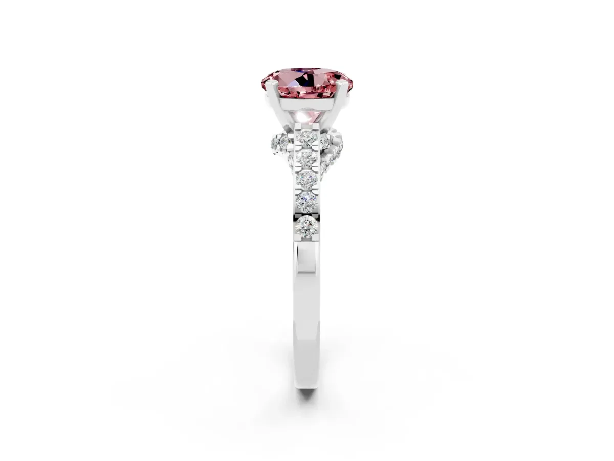 Round Cut Morganite Solitaire Ring with Crossover Gallery and Round Pavé Band Silver