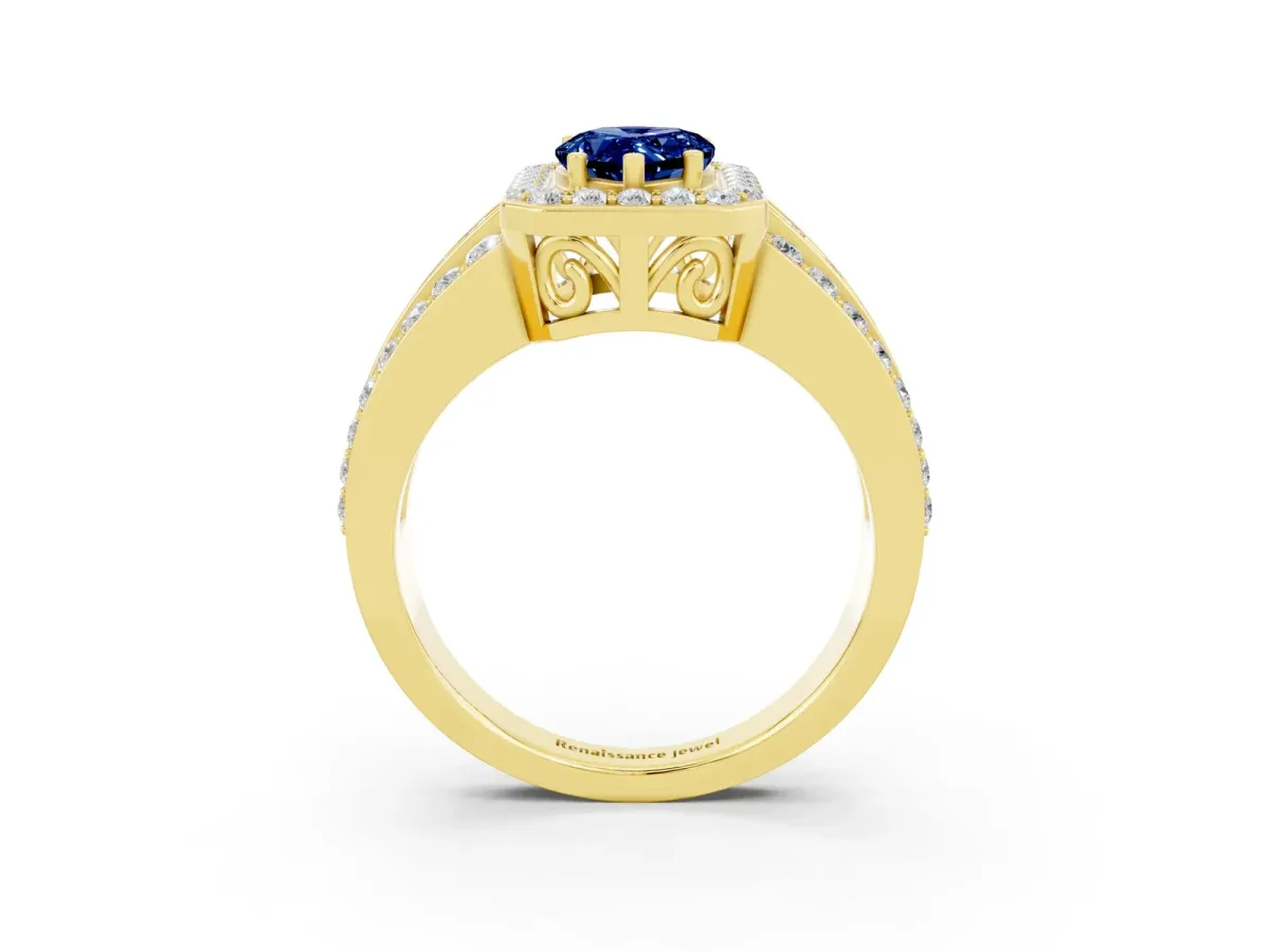 Pear Cut Halo Blue Sapphire Ring with Round Split Shank and Prong Setting Yellow gold