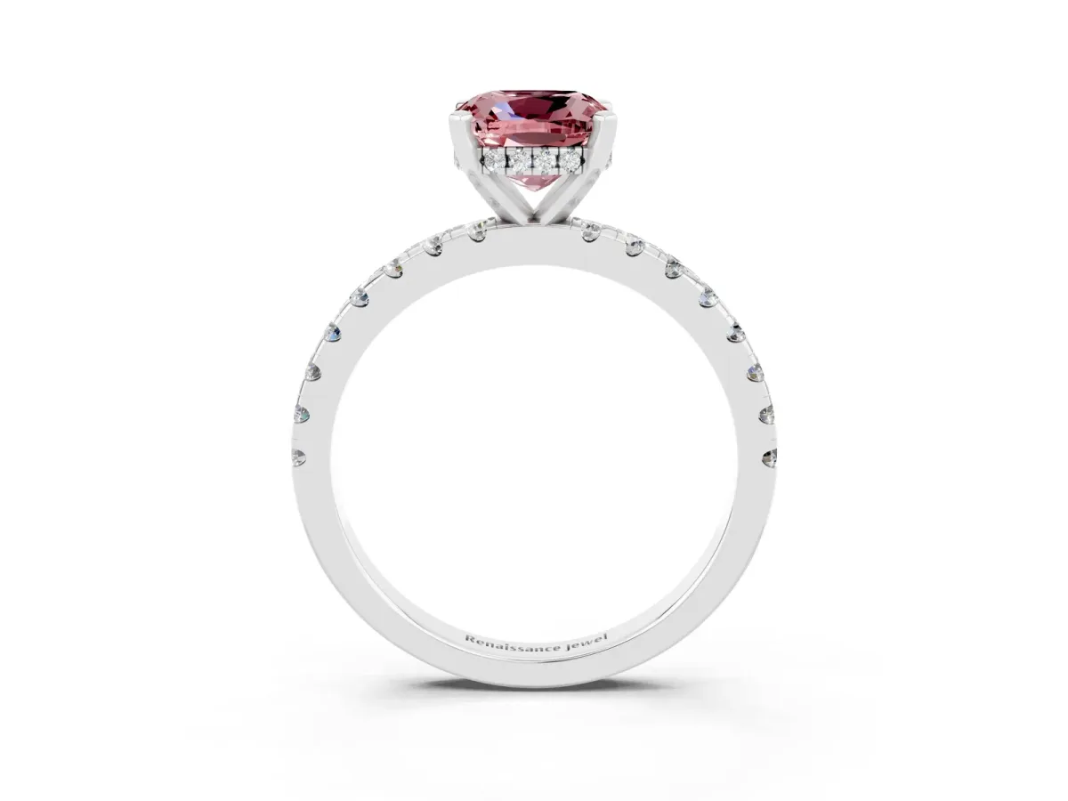 Cushion Cut Morganite Solitaire Ring with Round Pavé Band and Four-Prong Setting Silver