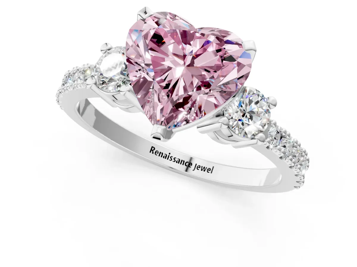 Fancy Pink Heart Cut Cut Three-Stone Diamond Pavé Band with Prong Setting Platinum