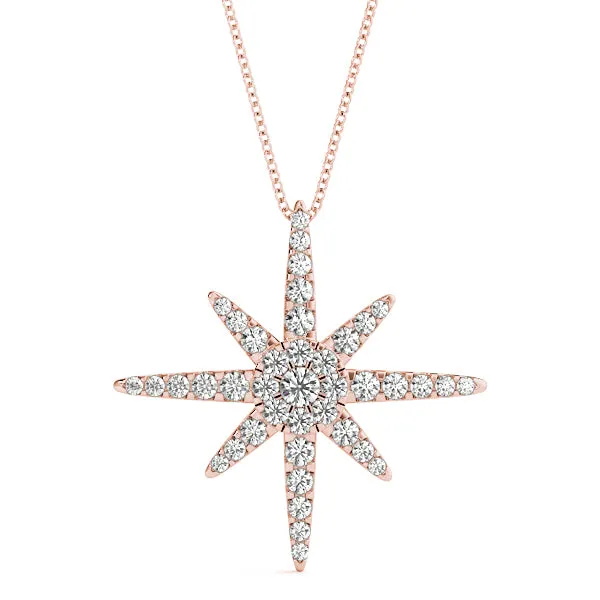 Pavé Round Diamond Starburst Pendant with Four-Prong Setting Rose gold