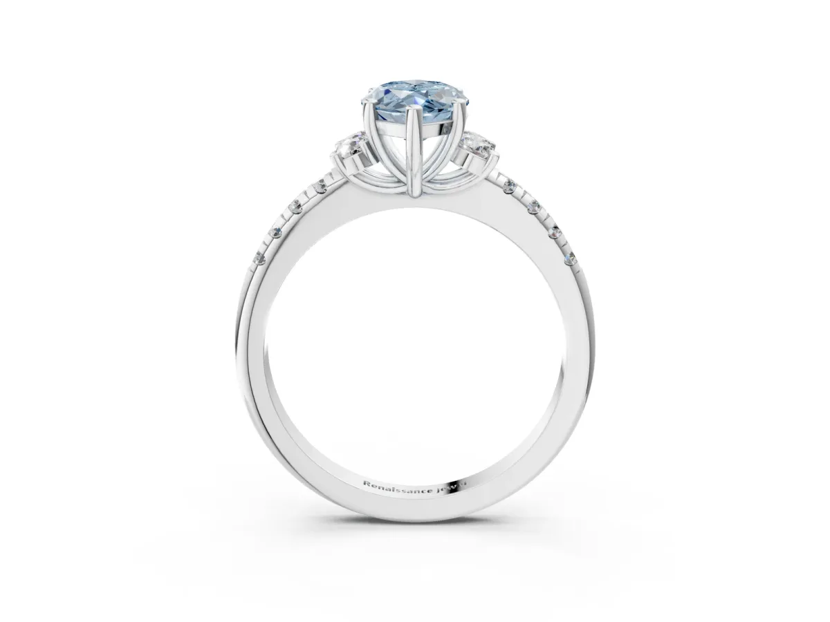 Fancy Blue Marquise Cut Diamond Three-Stone Pave Band with Four-Prong Setting Silver