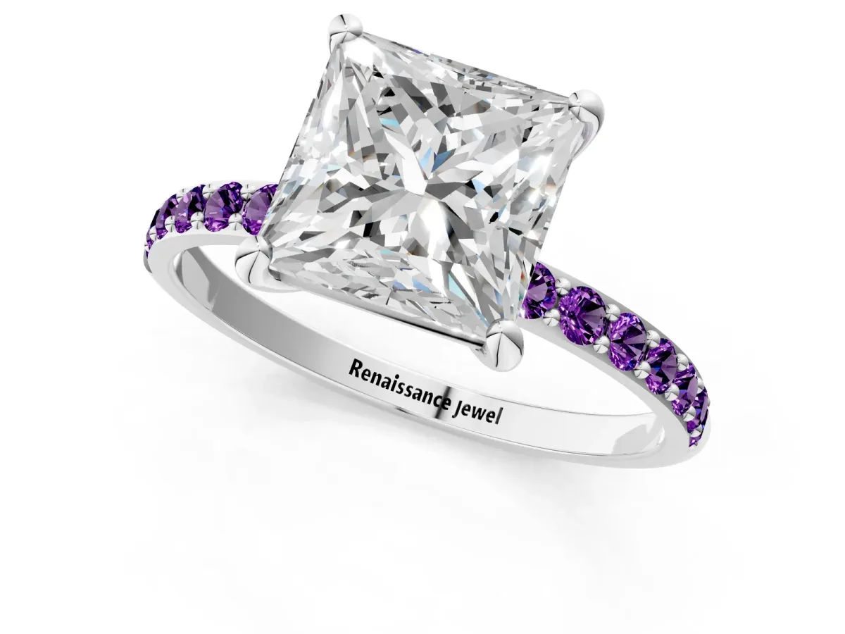 Princess Cut Diamond Solitaire Ring with Round Amethyst Pavé Band and Prong Setting Silver