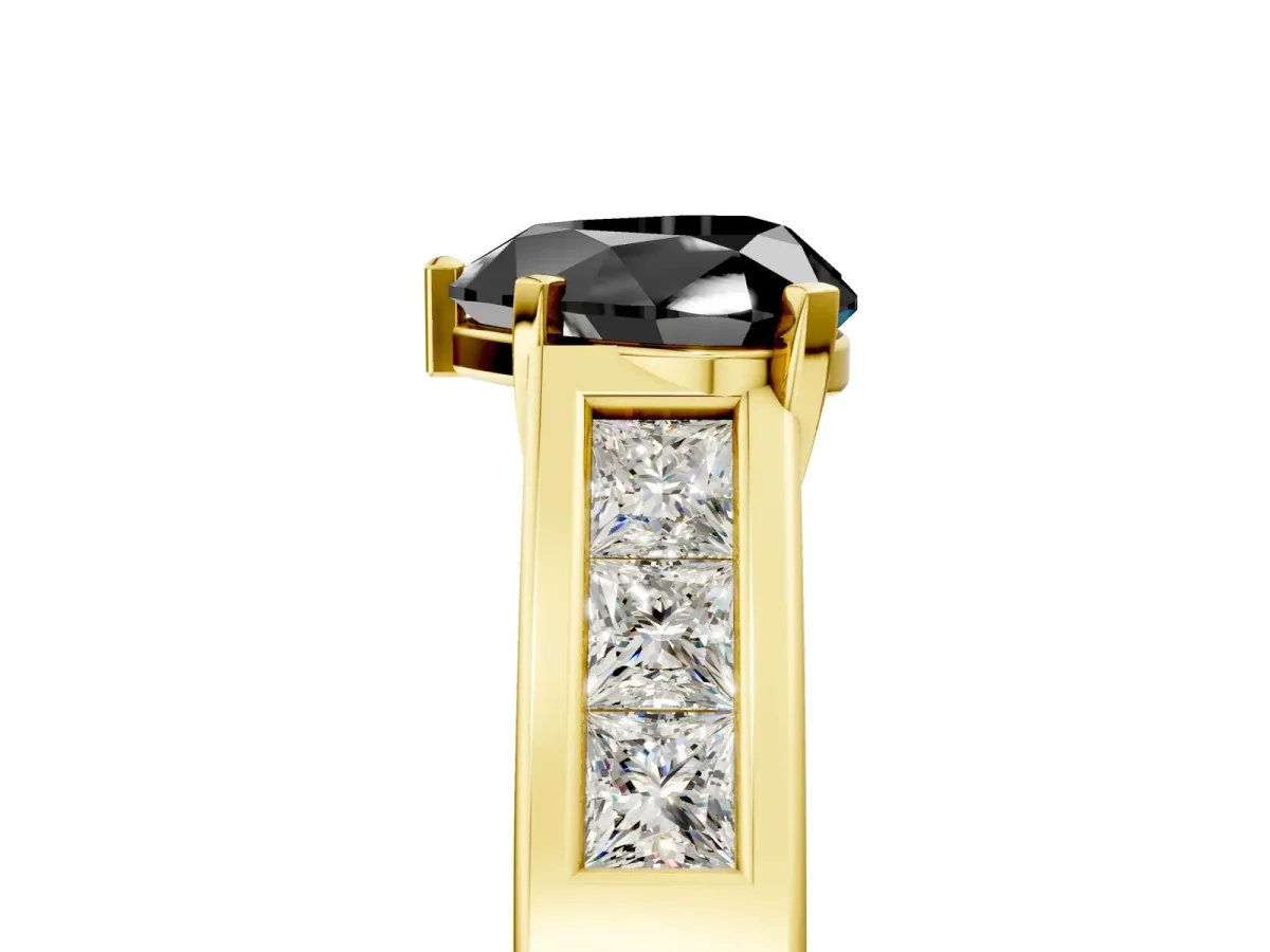 Fancy Black Heart Cut Cut Channel Set Solitaire Ring with Four-Prong Setting Yellow gold