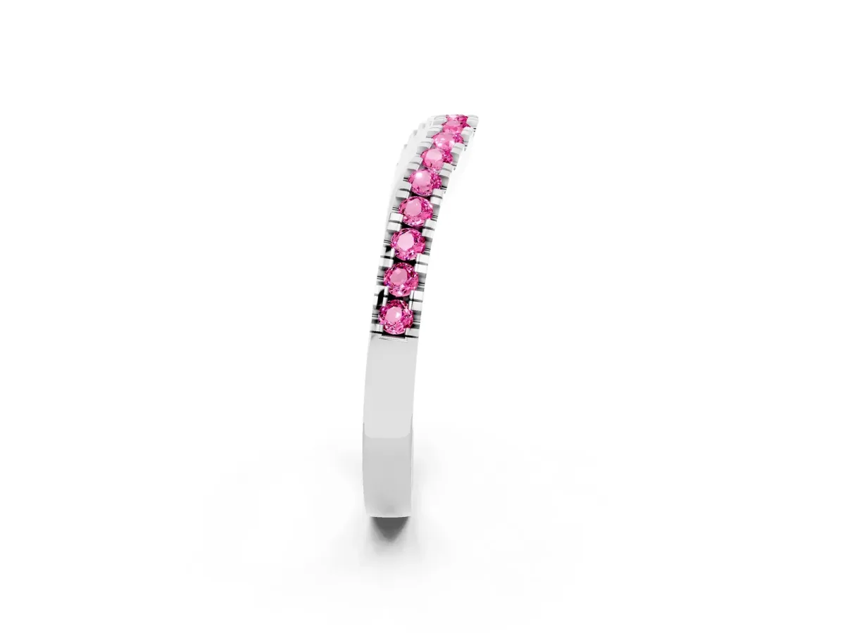 Round Pink Sapphire Pavé Curved Band with Shared Prong Setting White gold