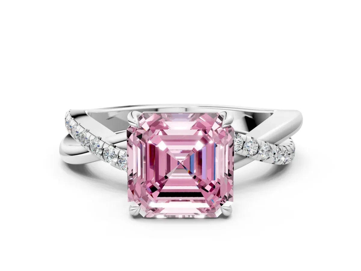 Fancy Pink Asscher Cut Cut Diamond Twisted Band with Pavé Setting and Four-Prong Setting Platinum