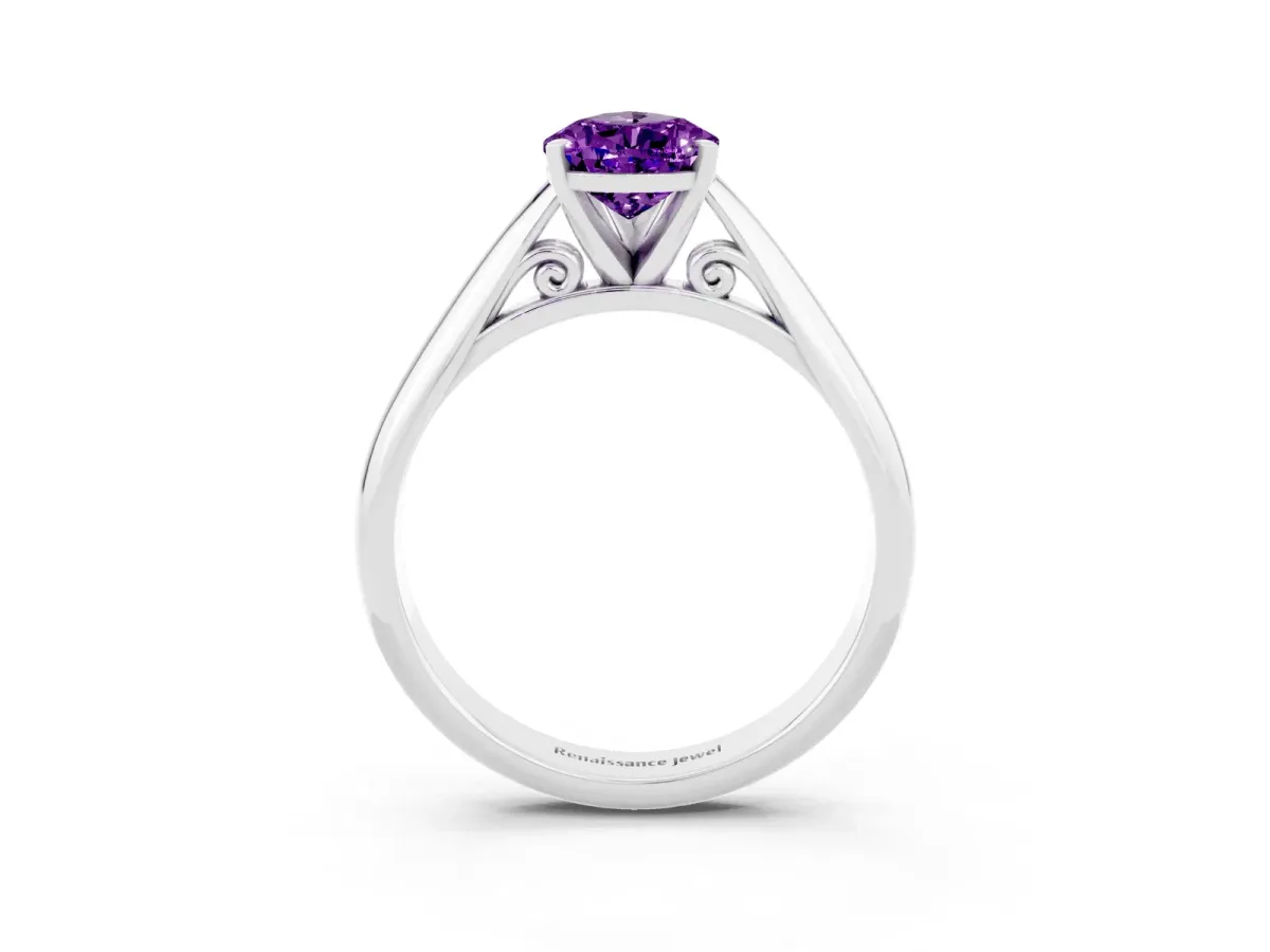 Pear Cut Amethyst Solitaire Engagement Ring with Cathedral Setting and Four-Prong Mount White gold