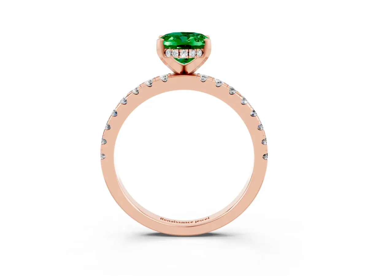 Oval Cut Emerald Solitaire Ring with Round Pavé Band and Four-Prong Setting Rose gold