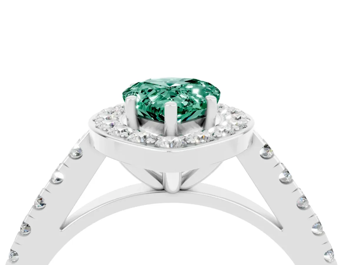 Pear Cut Green Sapphire Halo Ring with Round Pavé Split Shank and Prong Setting Platinum