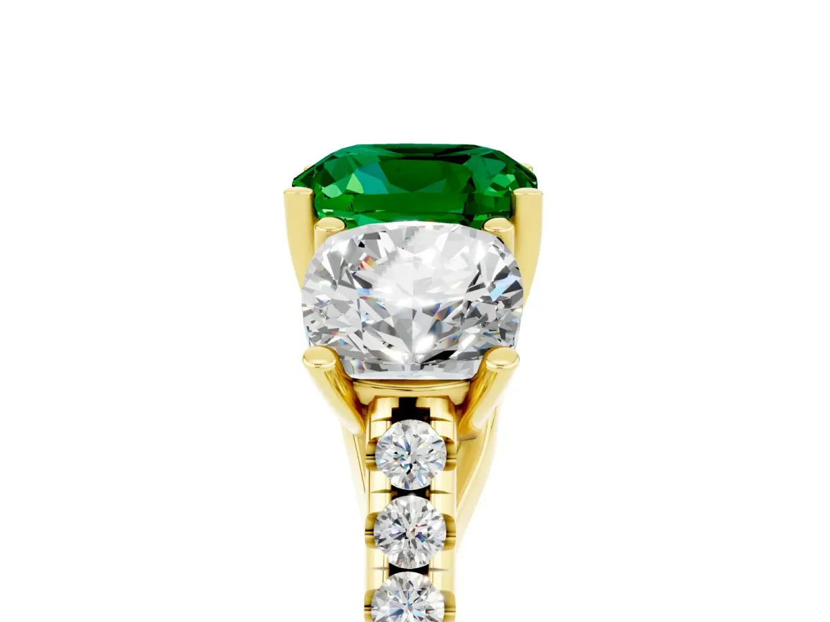 Three-Stone Cushion Cut Emerald Ring with Round Pavé Band and Prong Setting Yellow gold