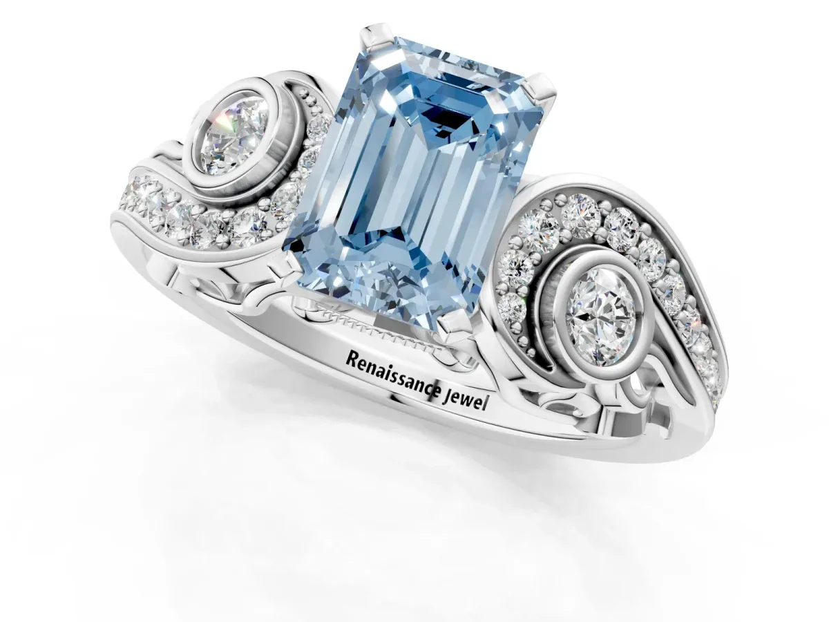 Fancy Blue Emerald Cut Diamond Solitaire Ring with Milgrain Pavé Band and Four-Prong Setting Silver