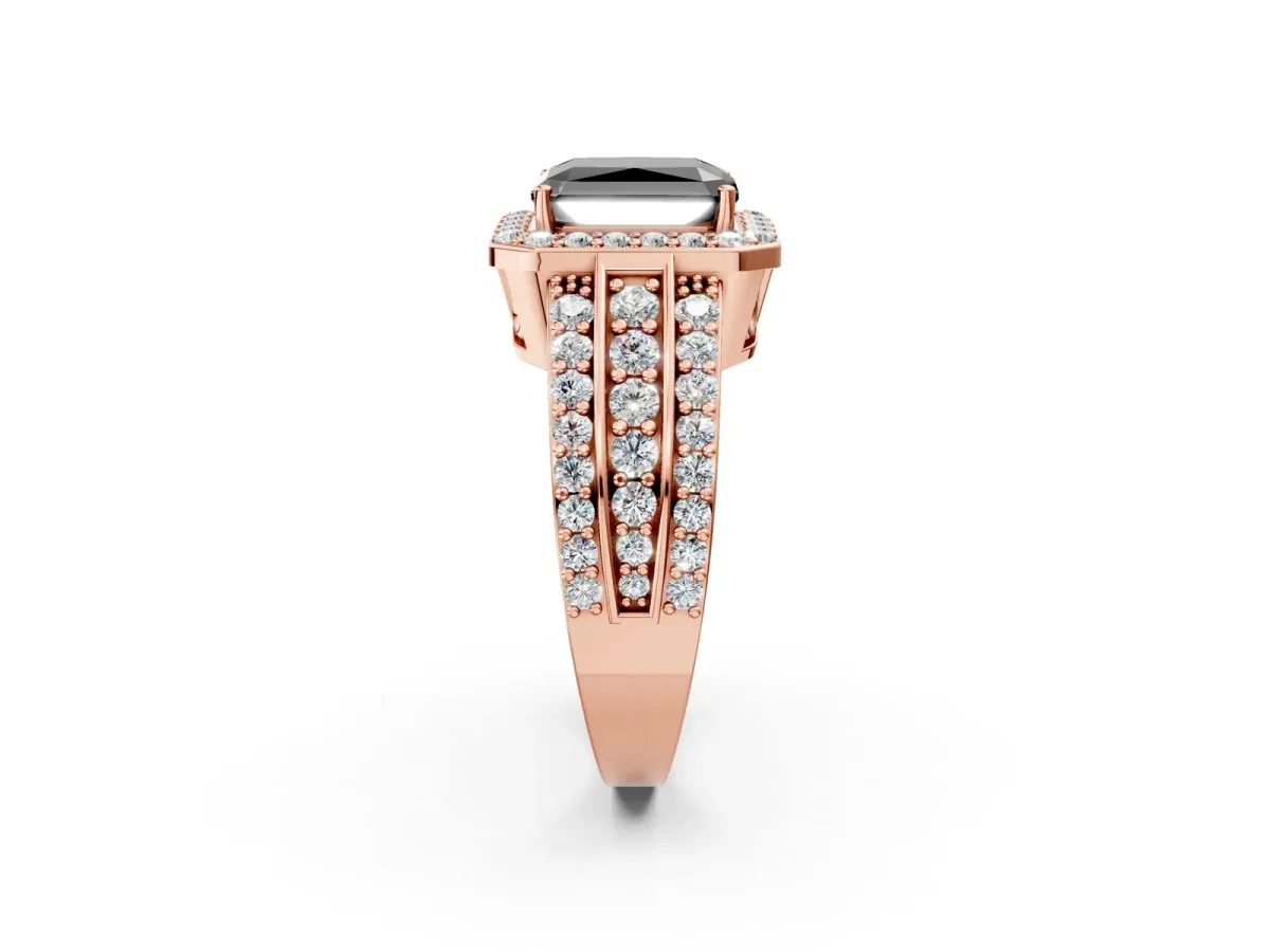 Fancy Black Radiant Cut Halo Diamond Ring with Round Split Shank and Prong Setting Rose gold