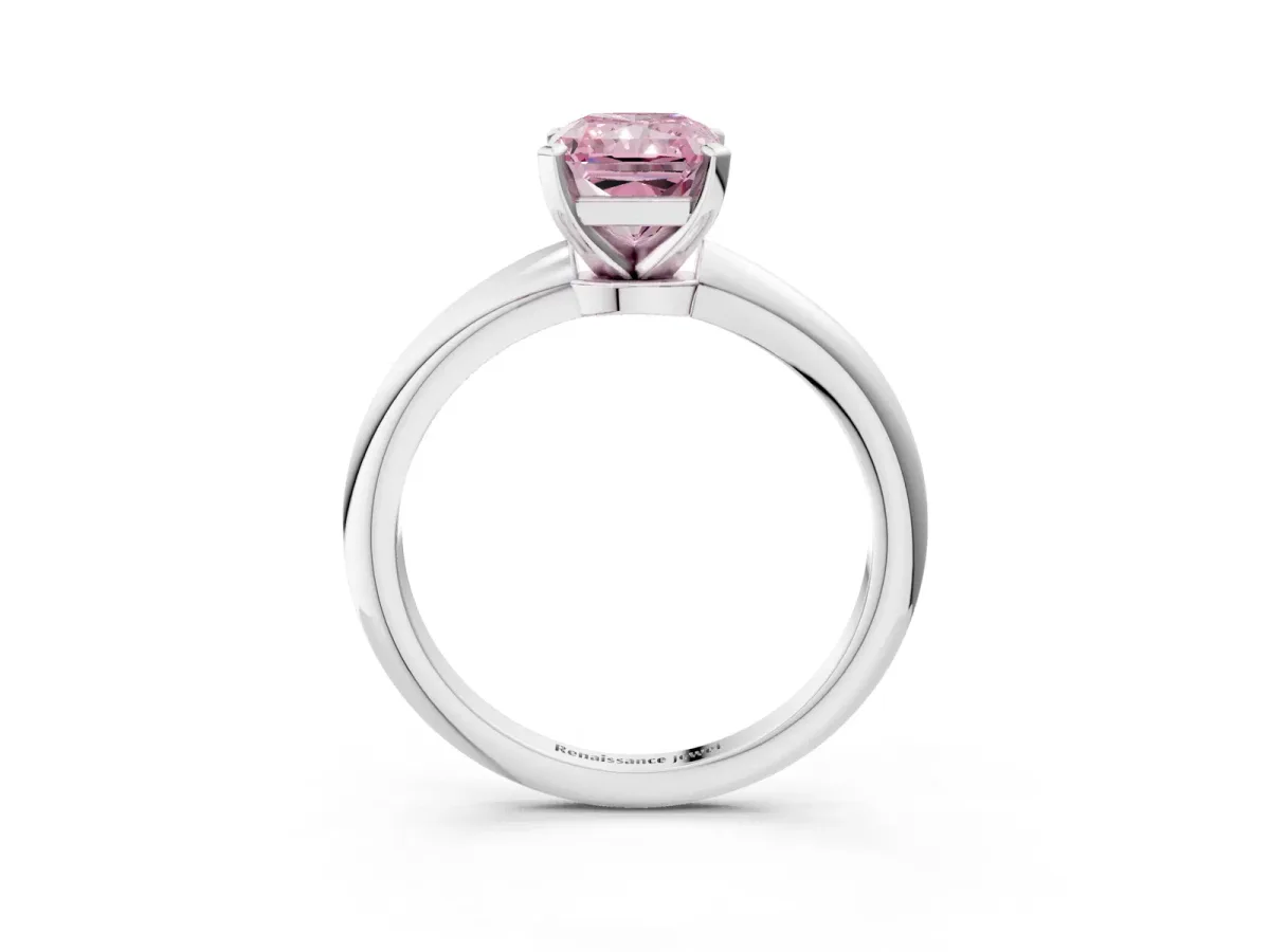 Fancy Pink Radiant Cut Diamond Solitaire Ring with Six-Prong Setting and Classic Band Silver