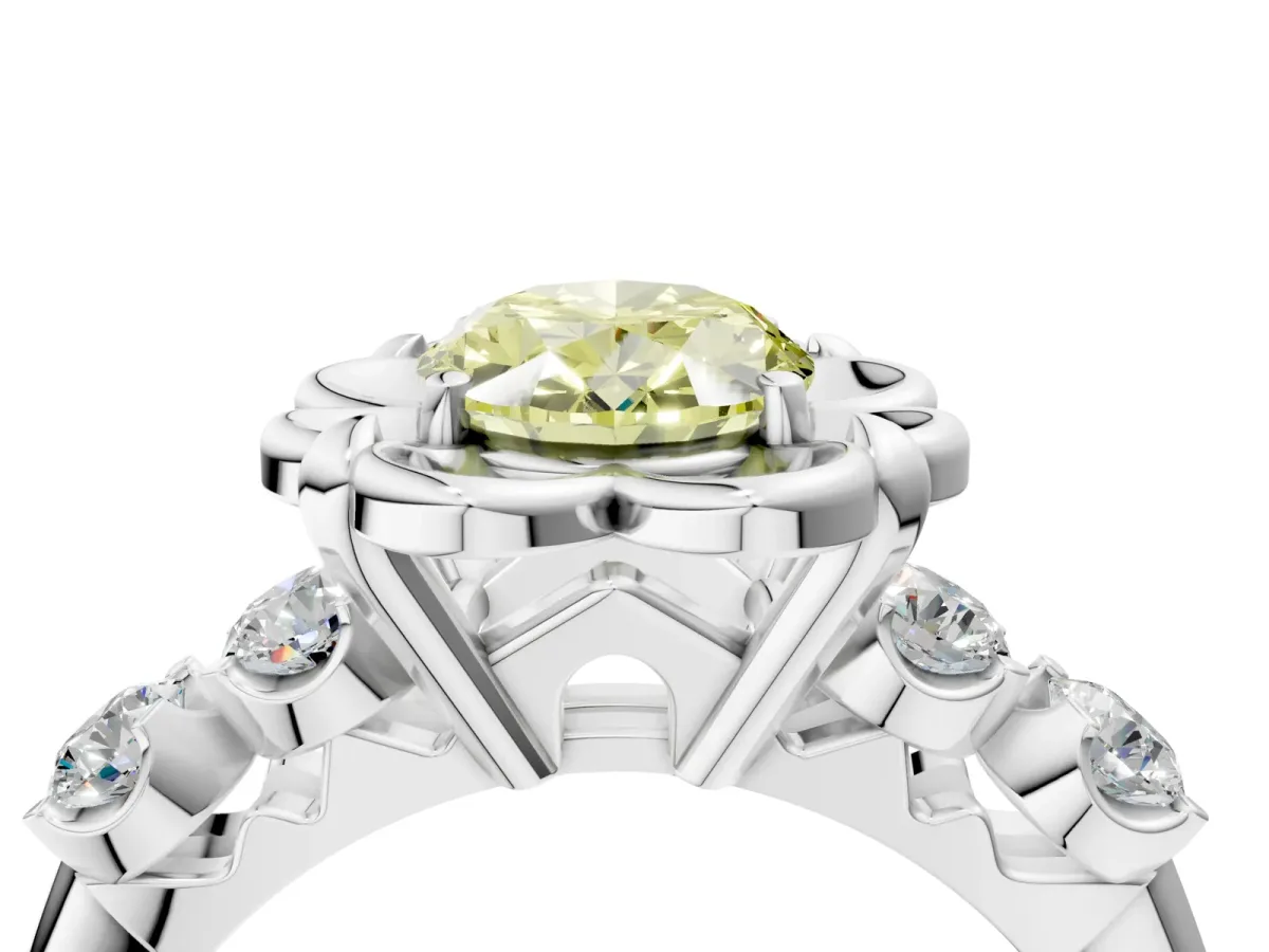Fancy Yellow Oval Cut Cut Diamond Floral Halo Engagement Ring with Shared Prong Setting Silver