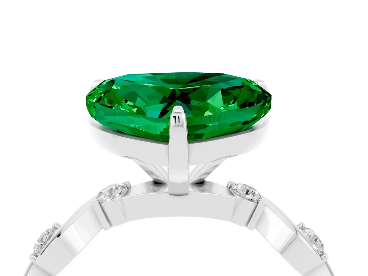 Heart Cut Emerald Solitaire Twisted Band with Round Accents and Prong Setting Silver