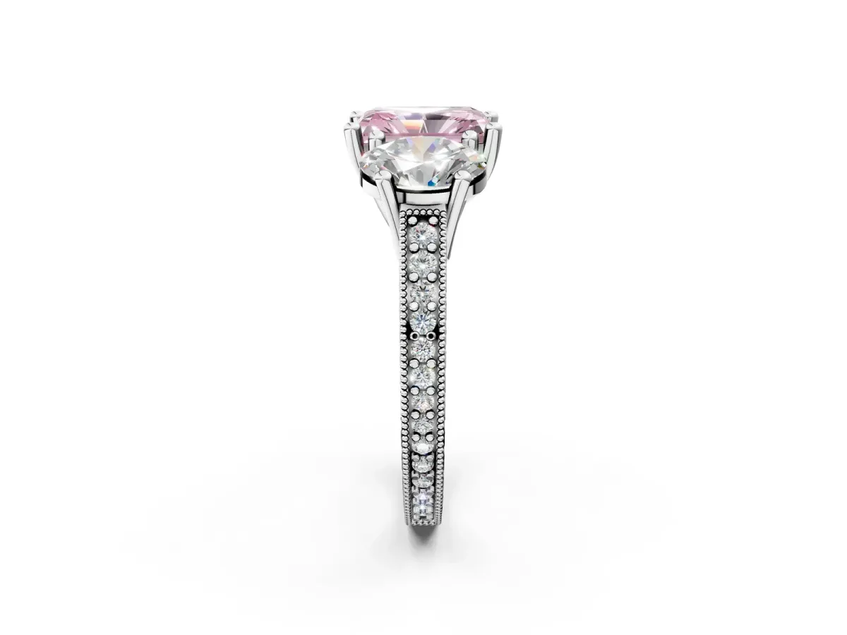 Fancy Pink Three-Stone Radiant Cut Diamond Milgrain Pave Band with Prong Setting Platinum