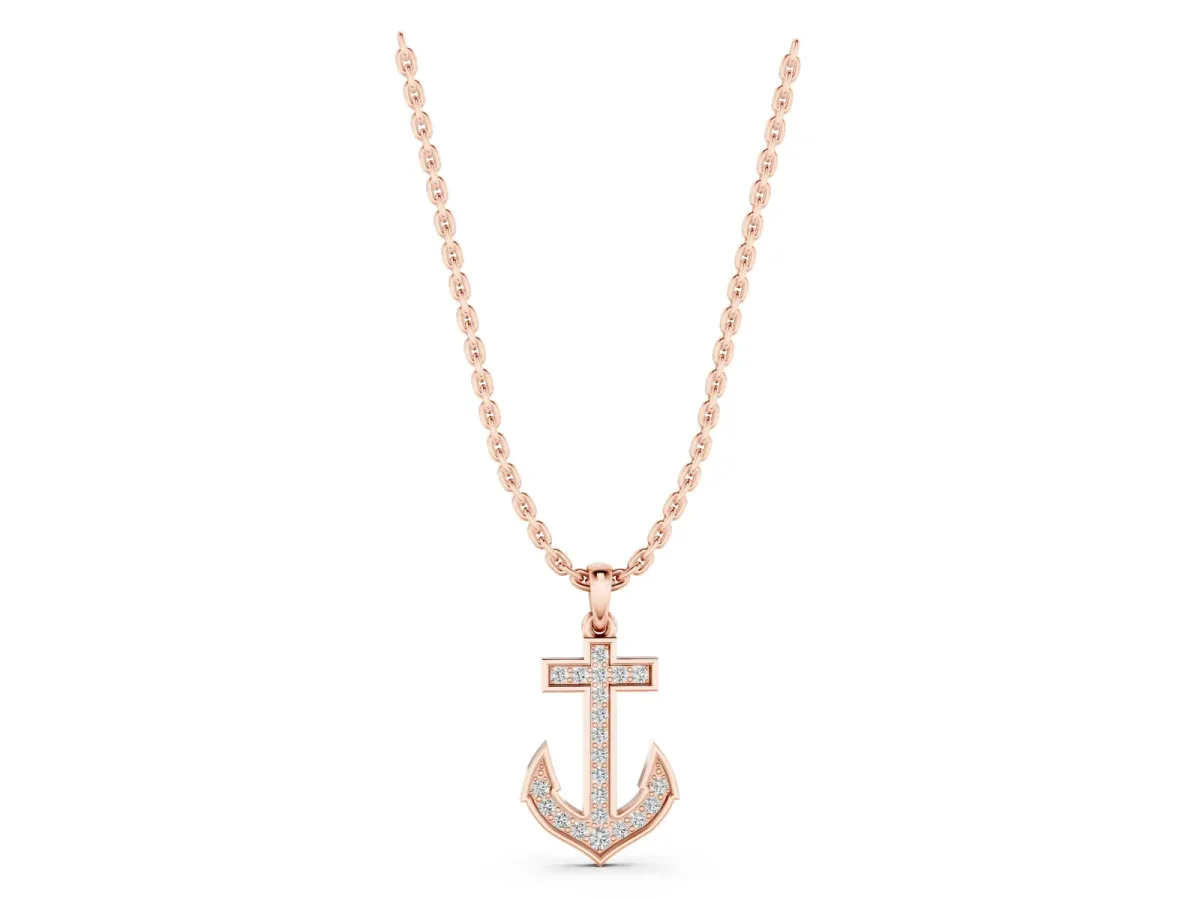 Pavé Round Diamond Anchor Pendant with Four-Prong Setting Rose gold