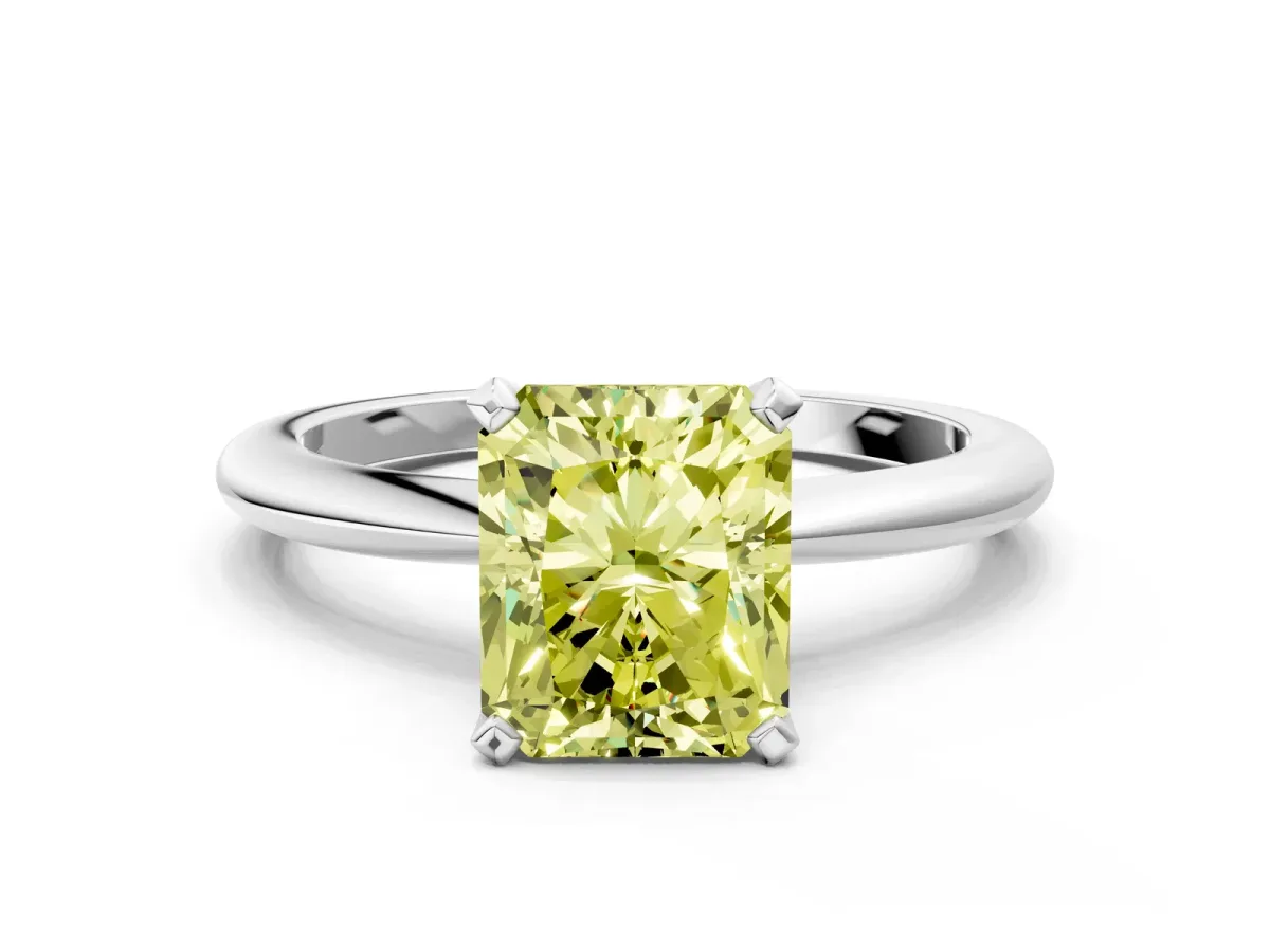 Fancy Yellow Radiant Cut Diamond Solitaire Ring with Six-Prong Setting and Classic Band Silver