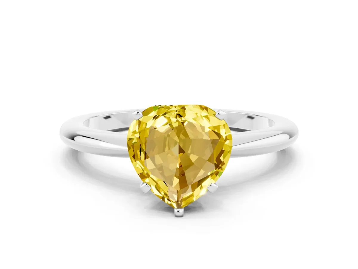 Heart Cut Yellow Sapphire Solitaire Ring with Six-Prong Setting and Classic Band Silver