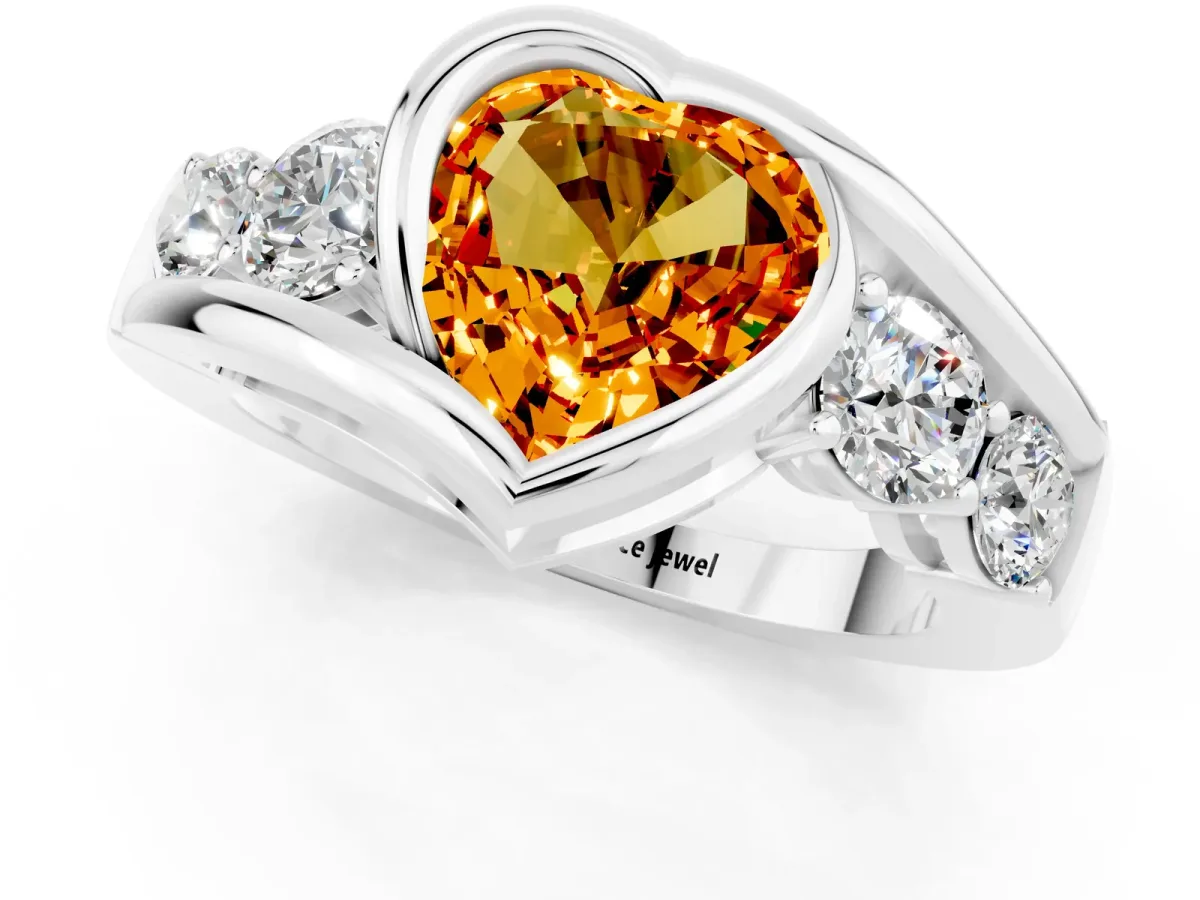 Bezel Set Heart Cut Citrine Bypass Ring with Round Accents Silver