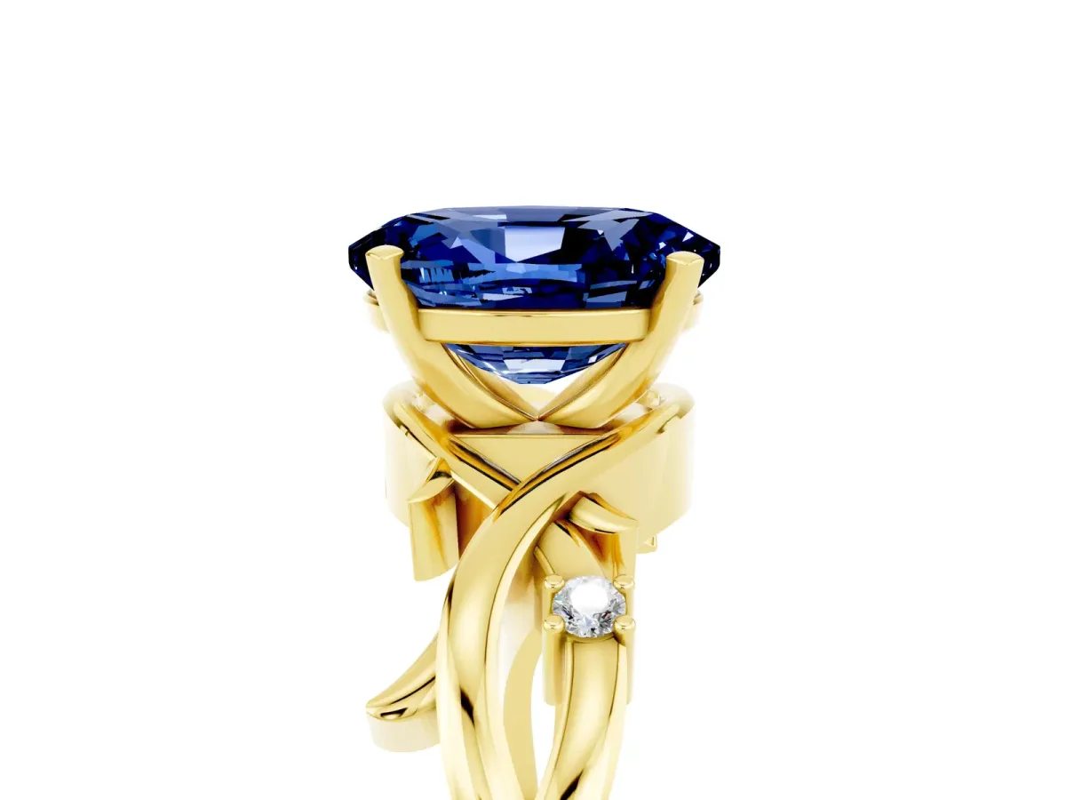 Oval Cut Blue Sapphire Solitaire Ring with Twisted Band and Prong Setting Yellow gold