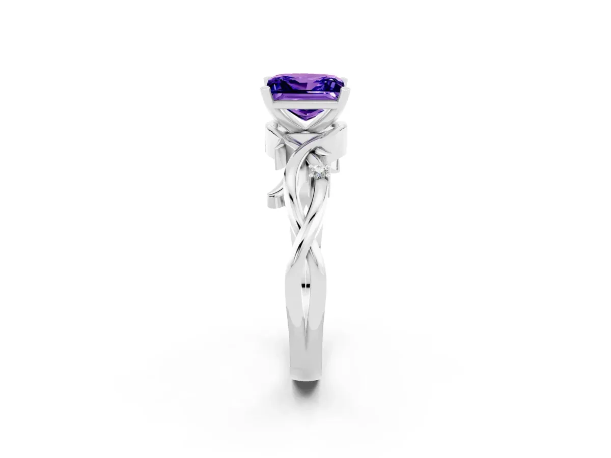Princess Cut Tanzanite Solitaire Ring with Twisted Band and Prong Setting Platinum