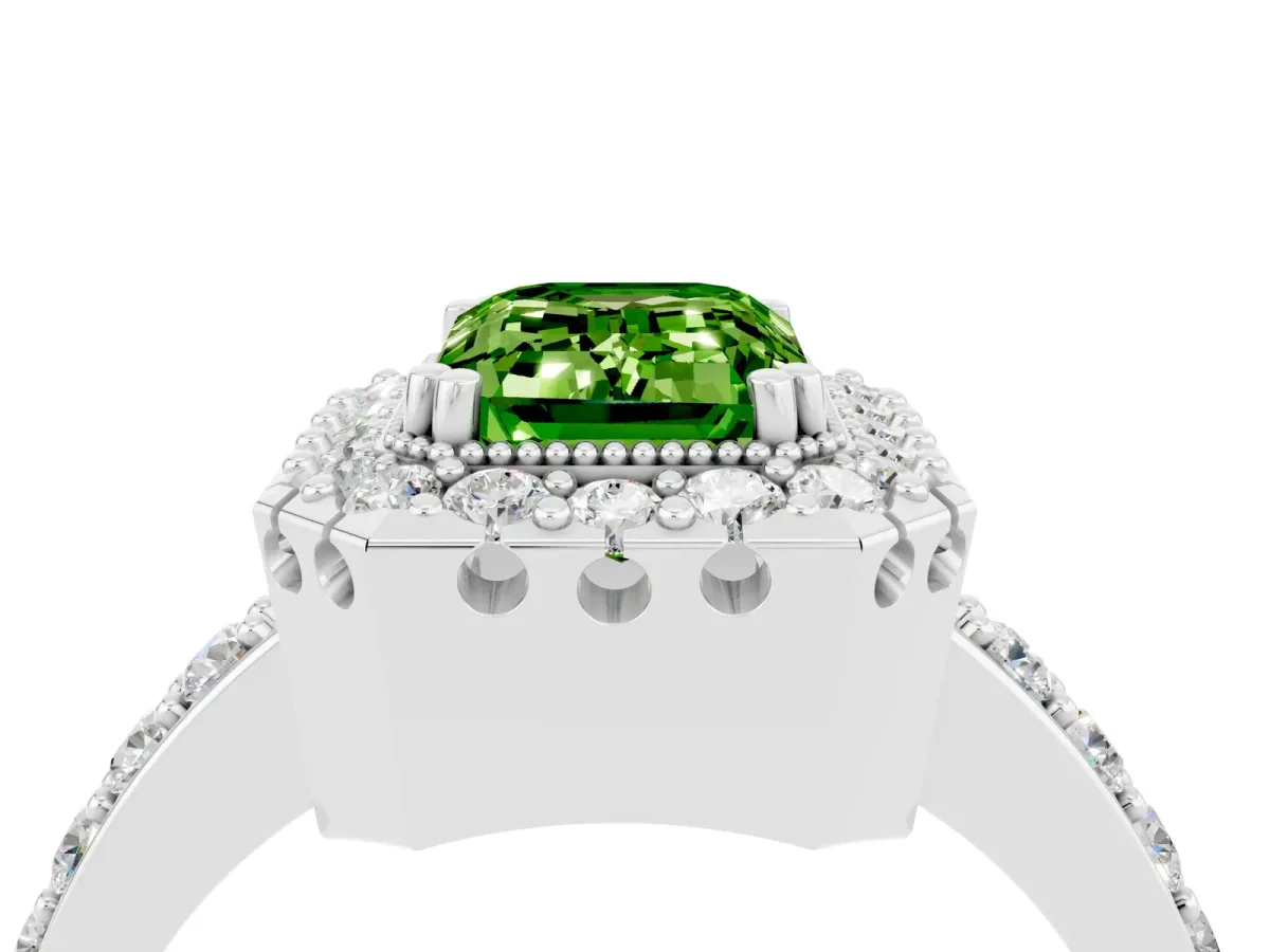 Emerald Cut Peridot Halo Ring with Pavé Band and Prong Setting White gold