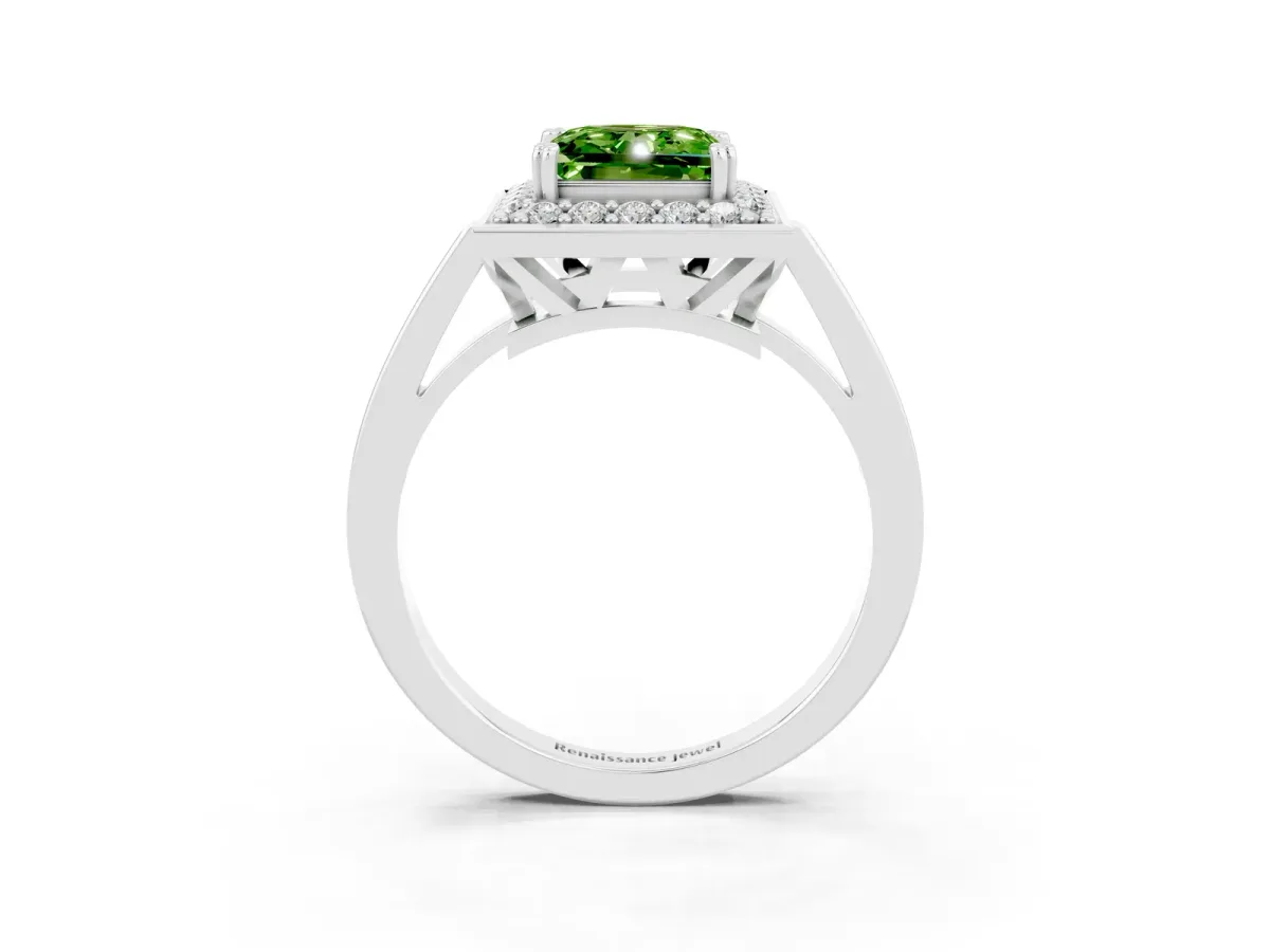 Princess Cut Peridot Halo Ring with Split Shank and Four-Prong Setting Platinum