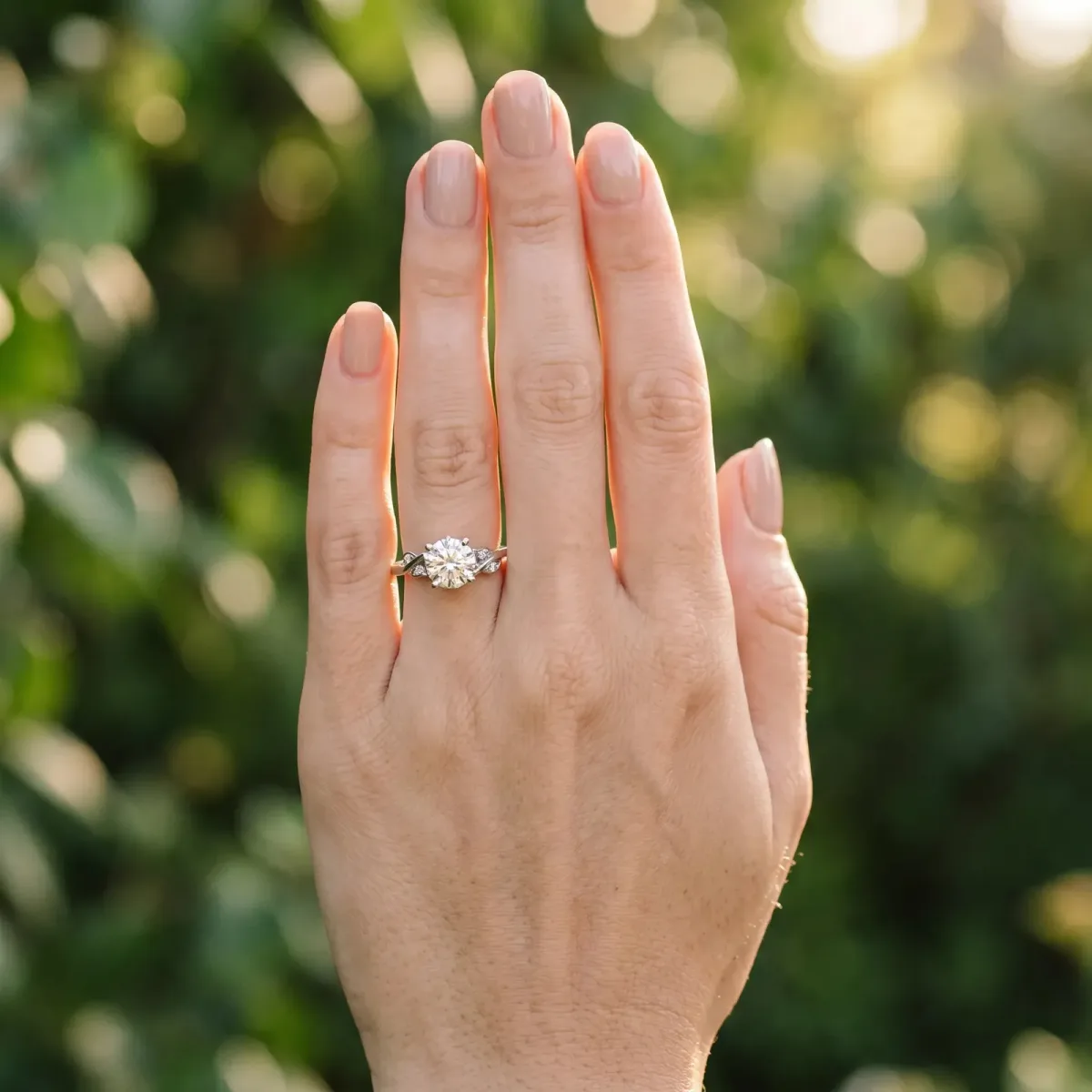 Asscher Cut Solitaire Twist Engagement Ring with Leaf Accents and Prong Setting Silver