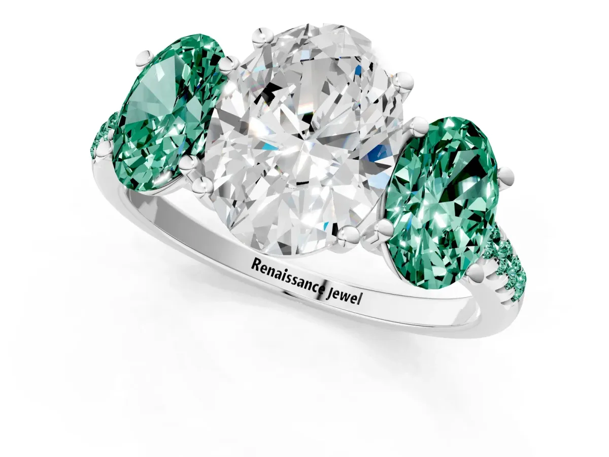 Three-Stone Oval Cut Diamond Ring with Round Green Sapphire Pavé Band and Prong Setting Silver