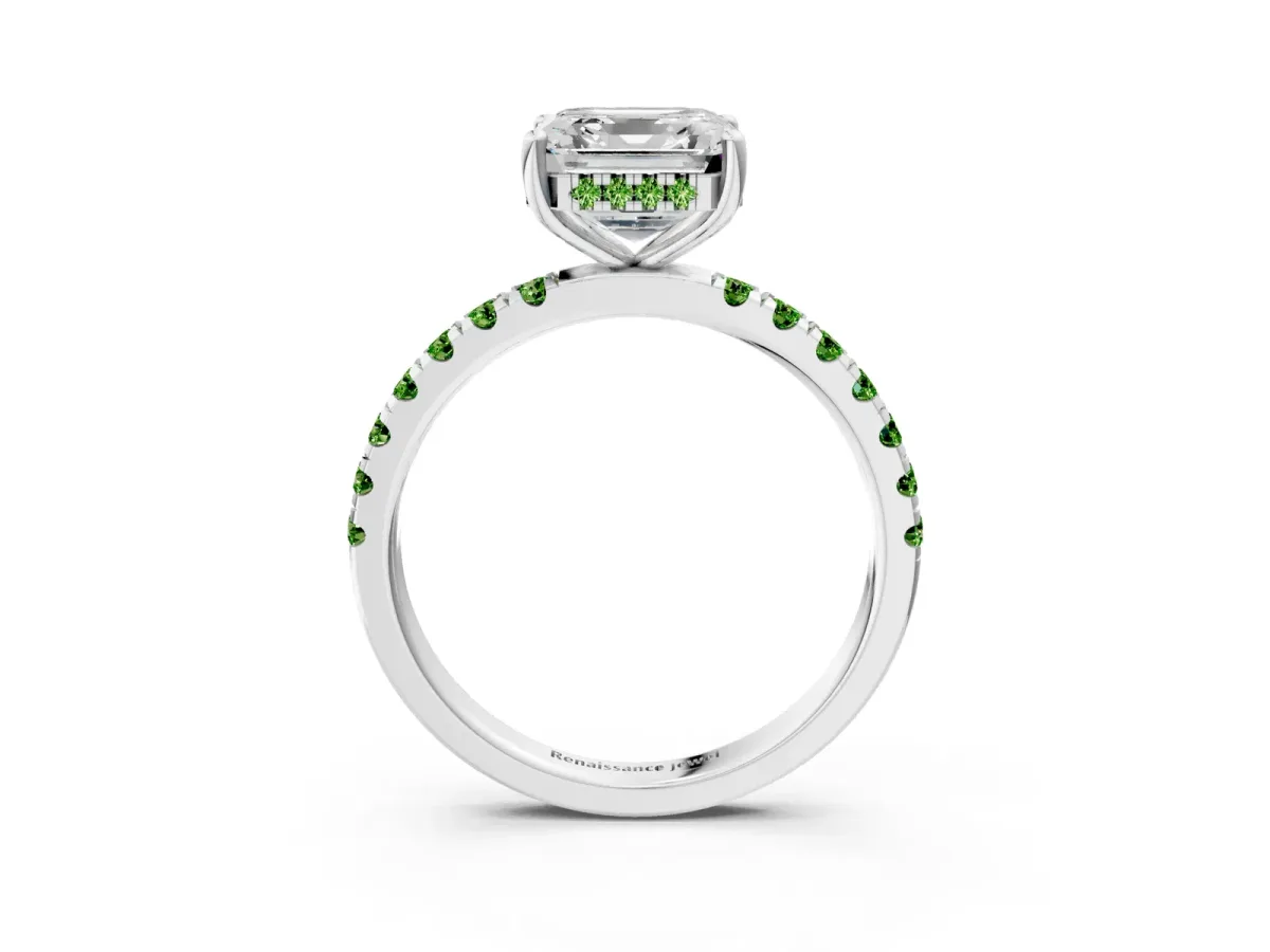 Asscher Cut Diamond Pave Band Solitaire Ring with Round Peridot and Prong Setting Silver