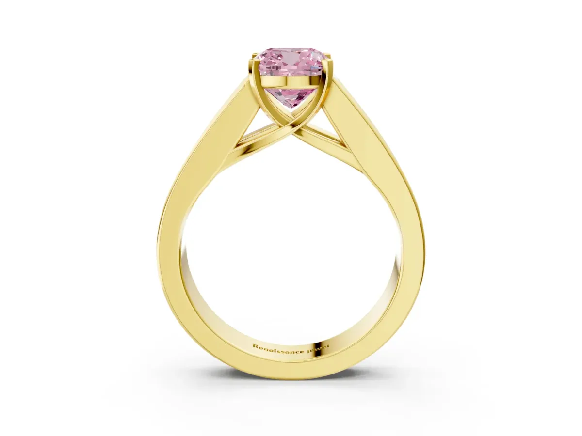 Fancy Pink Cushion Cut Cut Channel Set Solitaire Ring with Four-Prong Setting Yellow gold