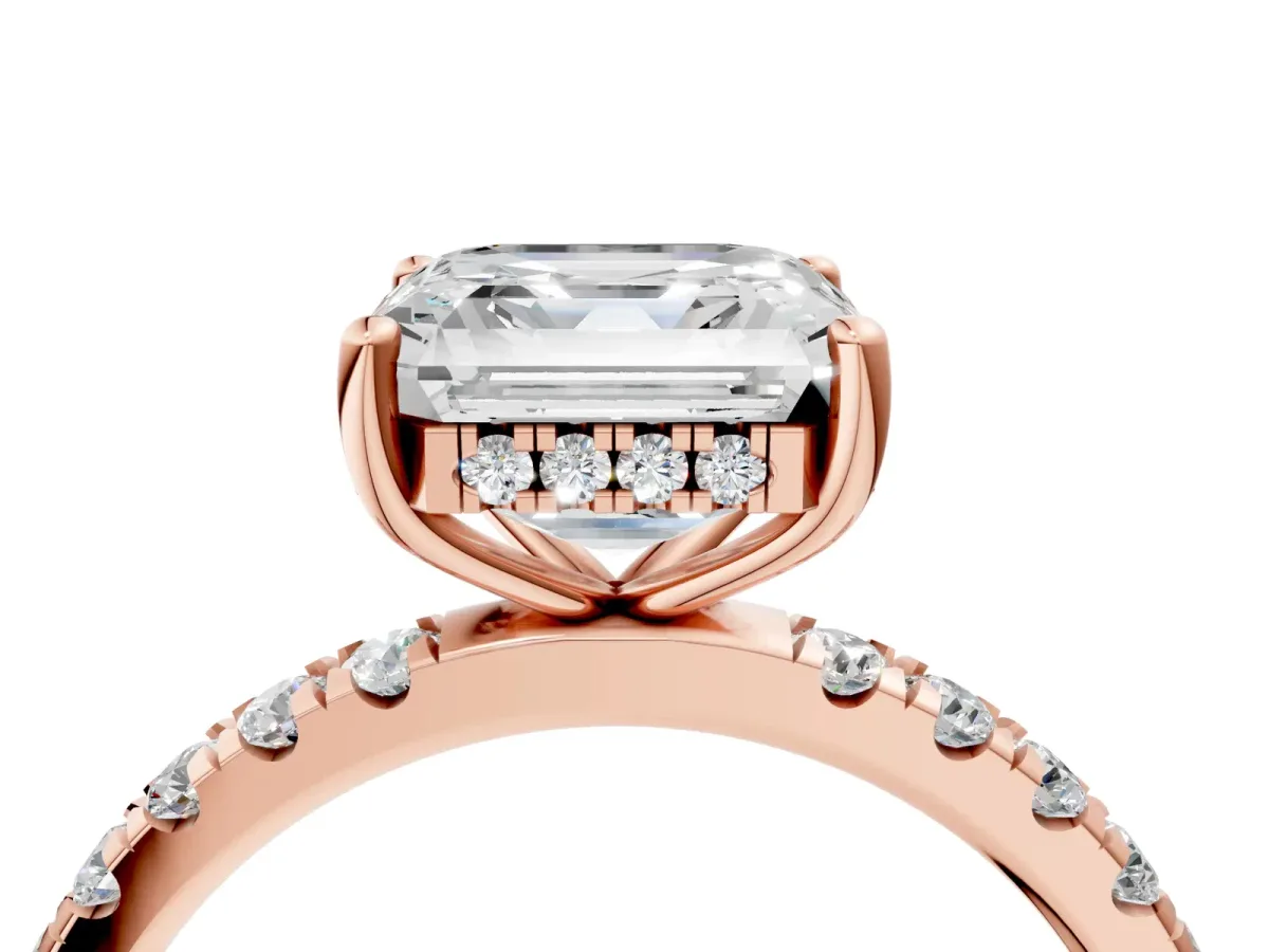 Asscher Cut Diamond Pave Band Solitaire Ring with Round and Prong Setting Rose gold