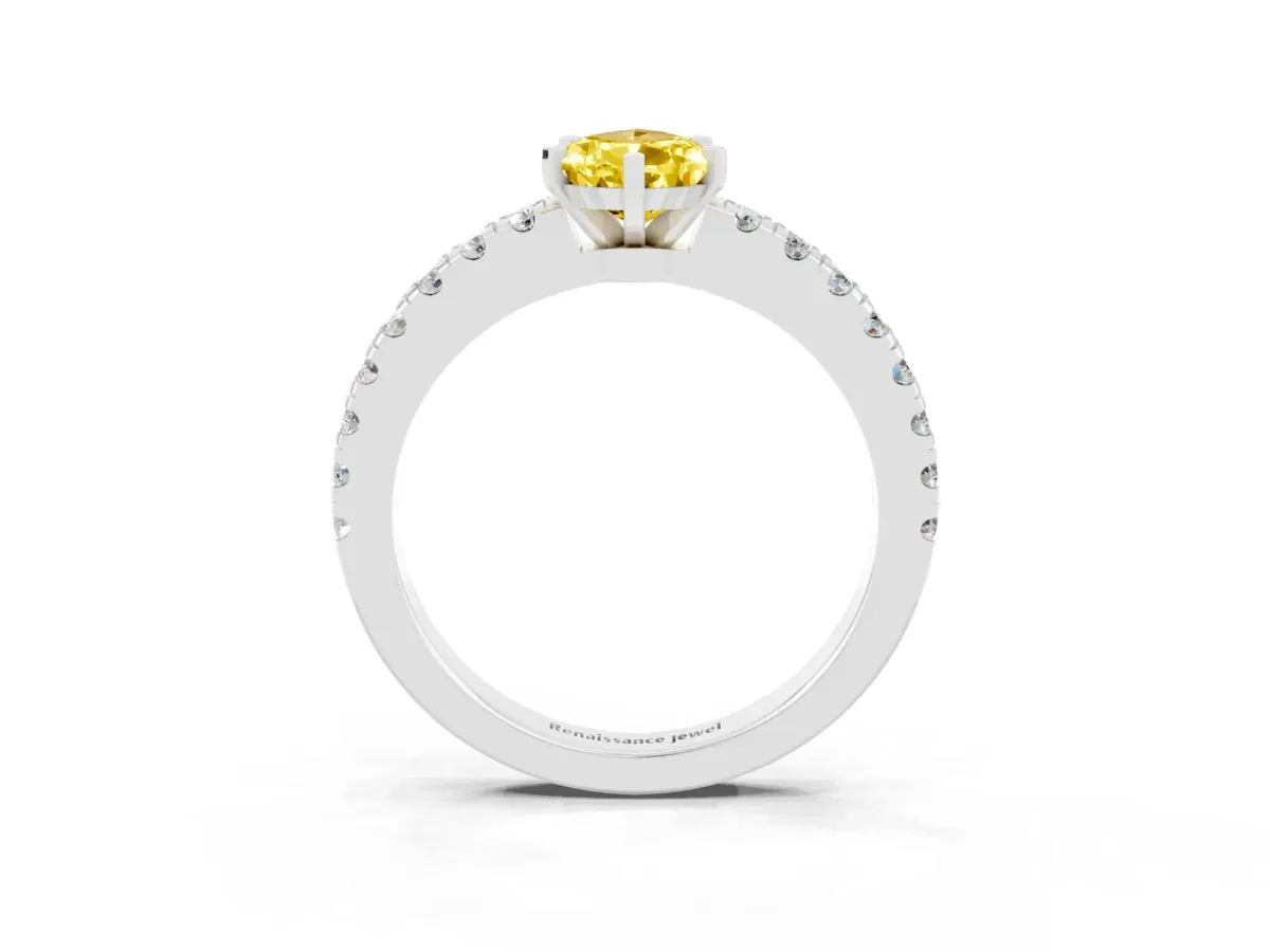 Pear Cut Solitaire Yellow Sapphire with Pavé Band and Four-Prong Setting Silver