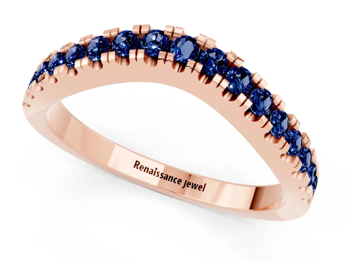 Round Blue Sapphire Pavé Curved Band with Shared Prong Setting Rose gold