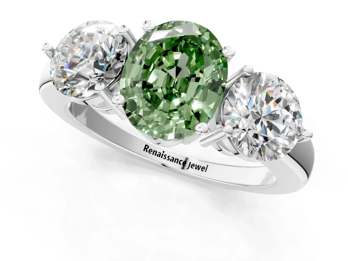 Fancy Green Oval Cut Diamond Three-Stone Ring with Prong Setting and Classic Band White gold