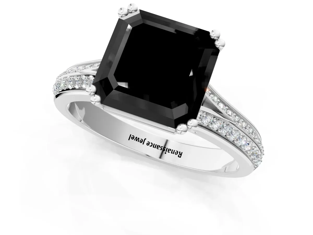 Fancy Black Asscher Cut Diamond Split Shank Engagement Ring with Pavé Band Platinum