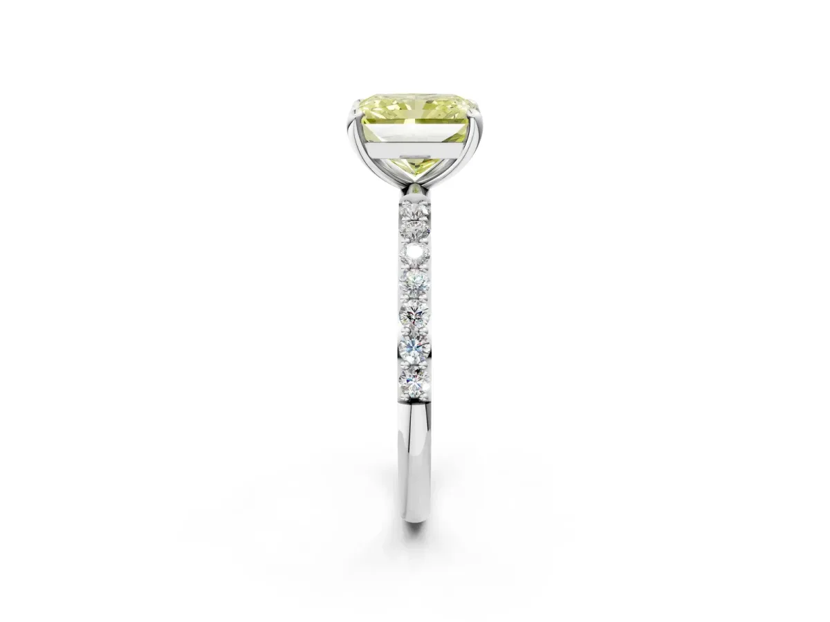Fancy Yellow Radiant Cut Diamond Solitaire Ring with Round Pavé Band and Prong Setting Silver